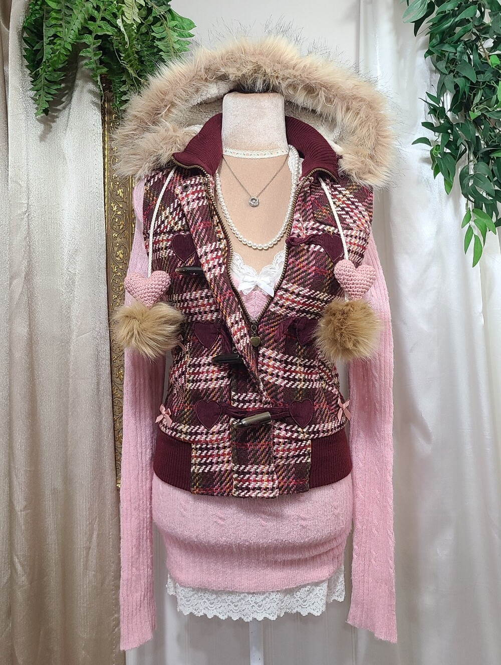 ♡ Y2K ♡ Burgundy & Pink Plaid Faux Fur Hood Heart Vest Toggle Loop Pom Poms